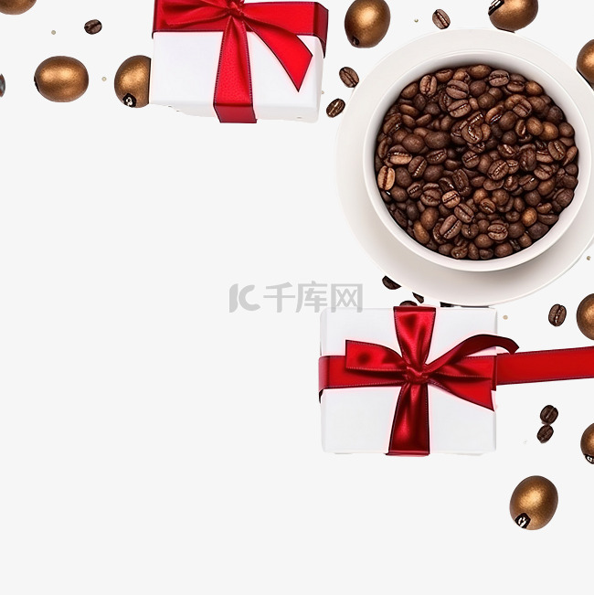 圣诞球和咖啡豆装饰从上面看，卡