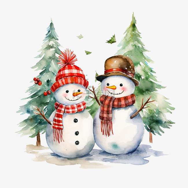 可愛的雪人手繪水彩畫和聖誕樹