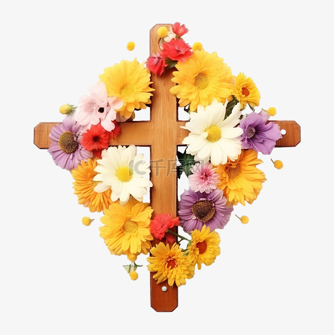 复活节十字架与鸡蛋和鲜花