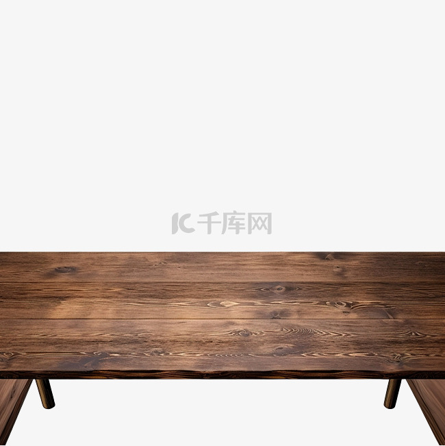 一张深质朴的棕色空木桌的前视图