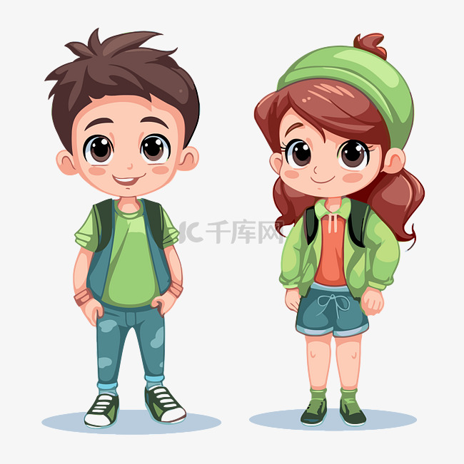男孩和女孩剪贴画 卡通女孩和男孩背着背包 向量素材图片免费下载-千库网
