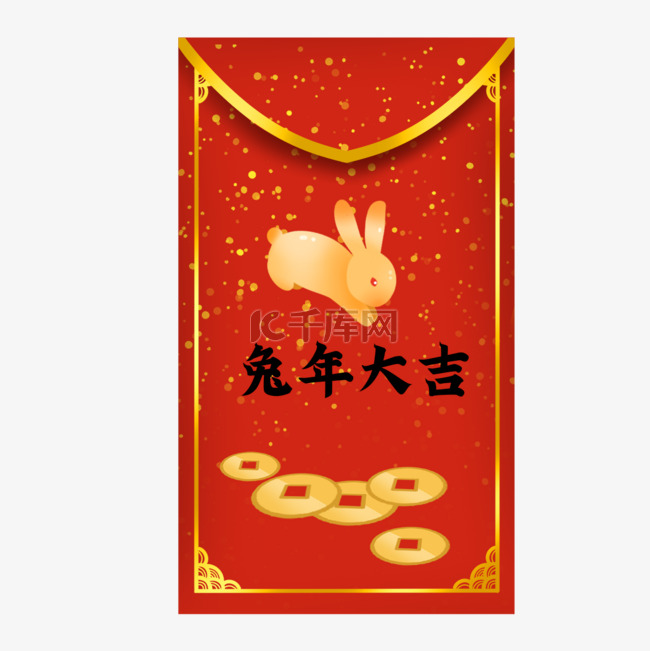 中国新年春节兔年铜钱金色装饰红