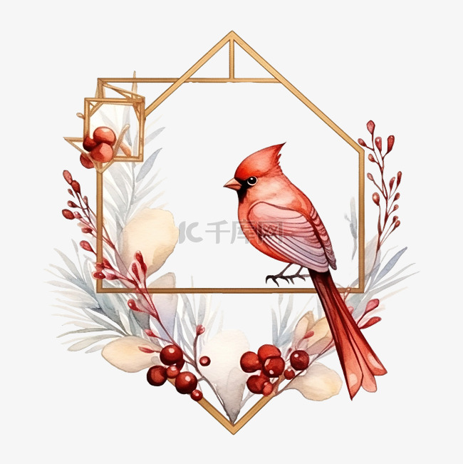 金色几何框架与冬季 d cor 和红鸟
