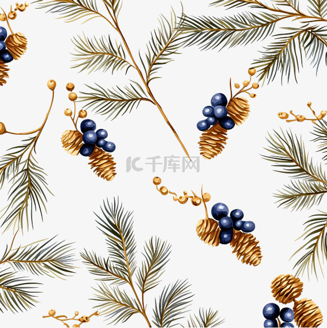 圣诞金色雪松树枝和锥体的深蓝色