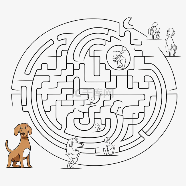 迷宫与腊肠狗和狗展示着色页