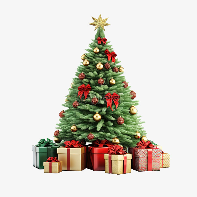 圣诞松树装饰与一些礼物 3D 插图