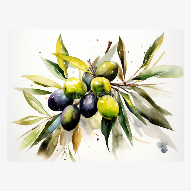 一束橄榄在树枝上的水彩画