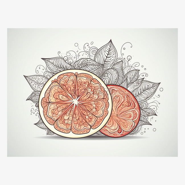 葡萄柚在橄榄枝背景下的涂鸦插图