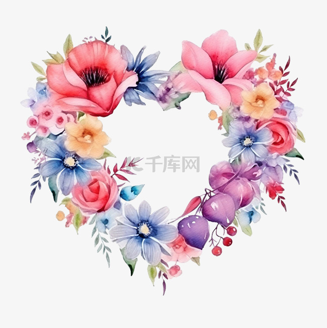 水彩情人节花卉心框与七彩花