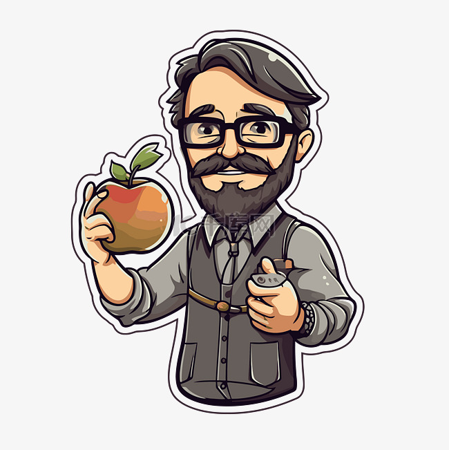 描绘一个留着胡子的男人拿着苹果