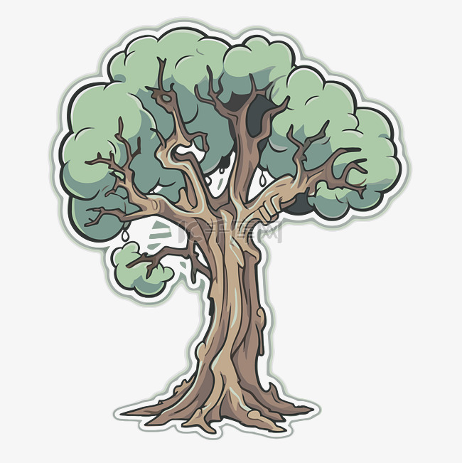 卡通树贴纸显示高大的树干和绿叶