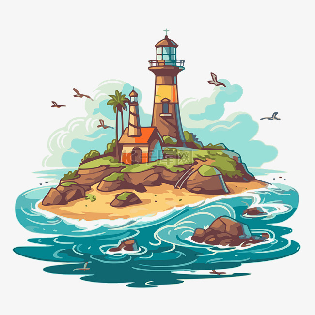 沿海剪贴画海岛灯塔与鸟类卡通 