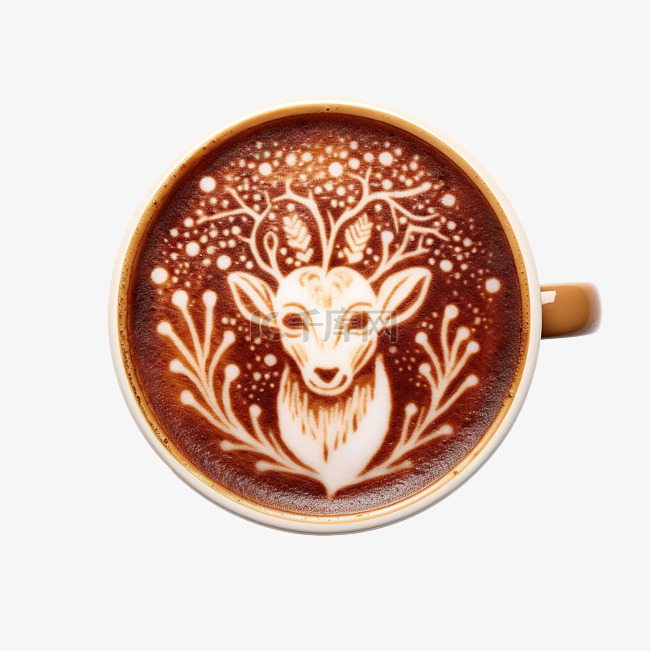 拿铁咖啡艺术圣诞鹿画在咖啡油脂