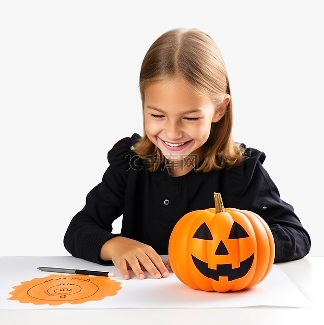 画一个年轻女孩手在桌子后面用橙