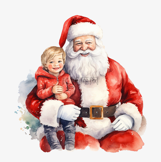 手绘插画圣诞圣诞老人和孩子坐在