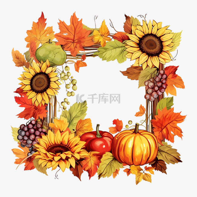 感恩节矢量方框与秋叶向日葵浆果