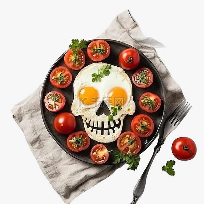头骨形状的煎鸡蛋和新鲜西红柿