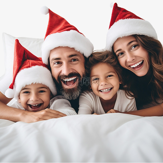 幸福的家庭戴着圣诞老人的帽子躺