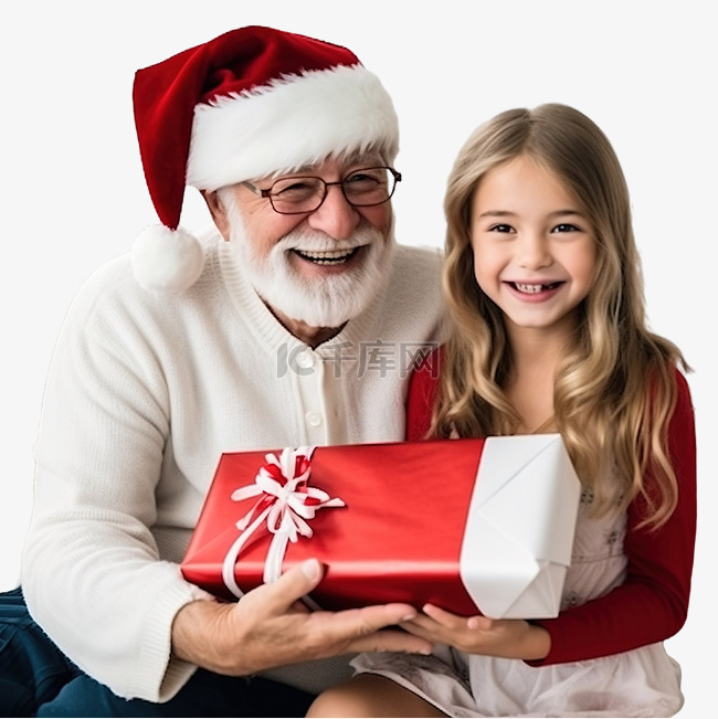 小女孩和她的祖父在家带圣诞礼物