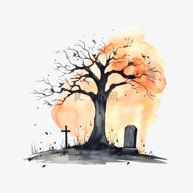 一棵树和坟墓的水彩剪影