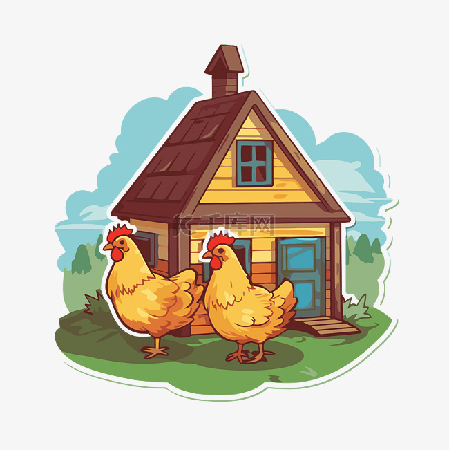 两只鸡站在他们家门前贴纸剪贴画