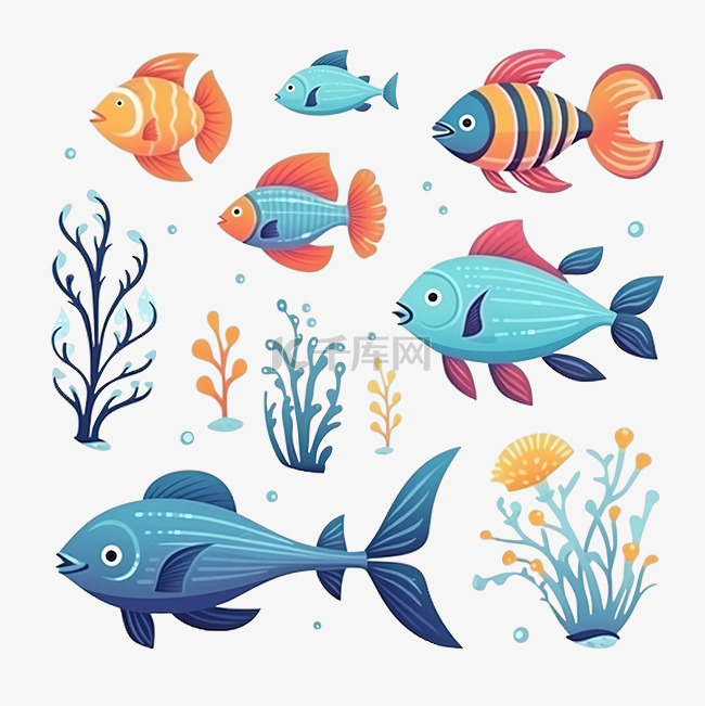 可爱的海洋和海洋水下生物角色集