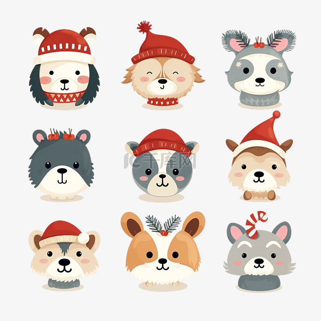 图形矢量可爱的动物头系列圣诞服