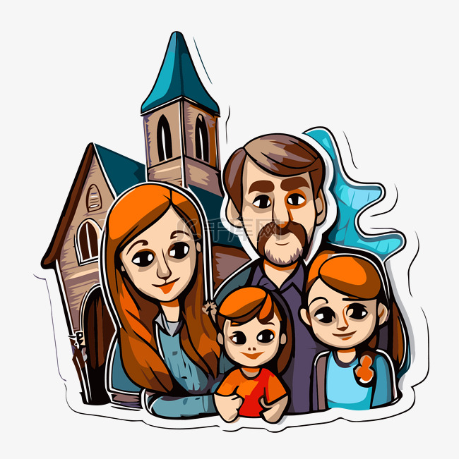 描绘家庭和教堂剪贴画的贴纸 向