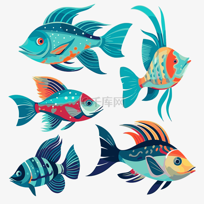 鱼剪贴画热带鱼设置在彩色卡通 