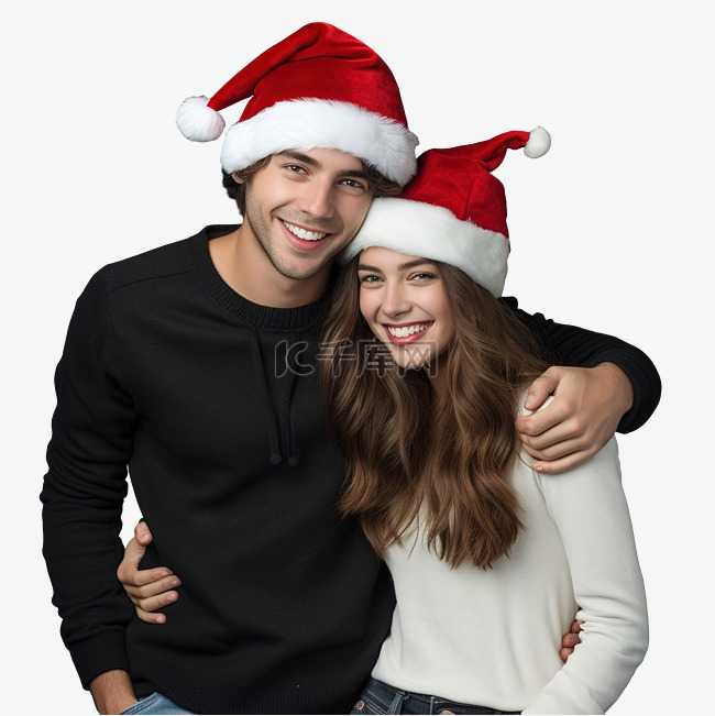 灰墙上戴着圣诞帽的快乐年轻夫妇