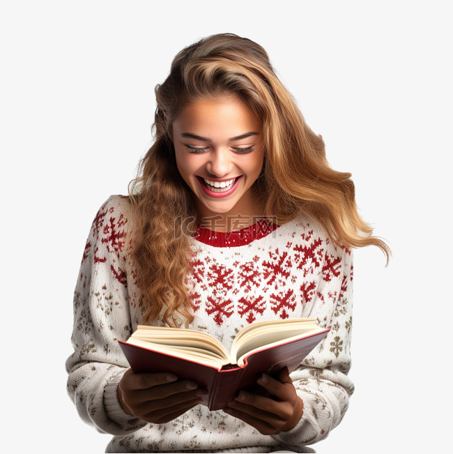 庆祝圣诞假期的女孩拿着一本书，
