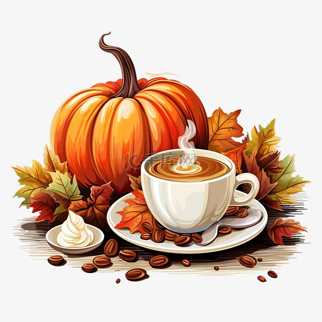秋季矢量静物咖啡南瓜和叶子咖啡