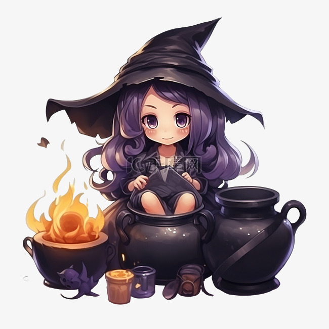 小女巫在大锅里煮药水