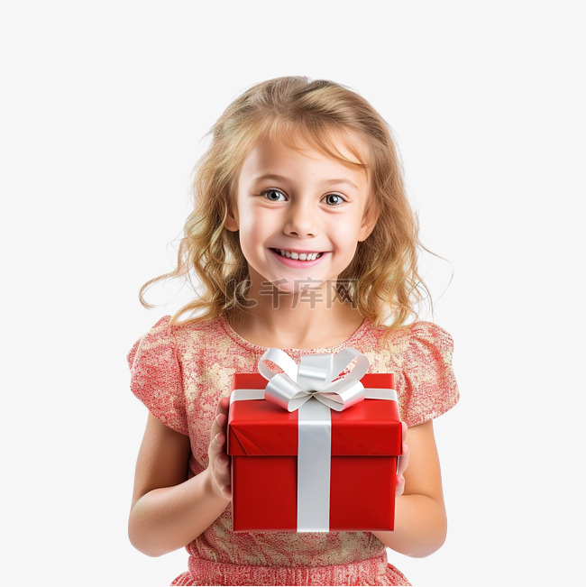 带着圣诞礼品盒的快乐微笑小女孩