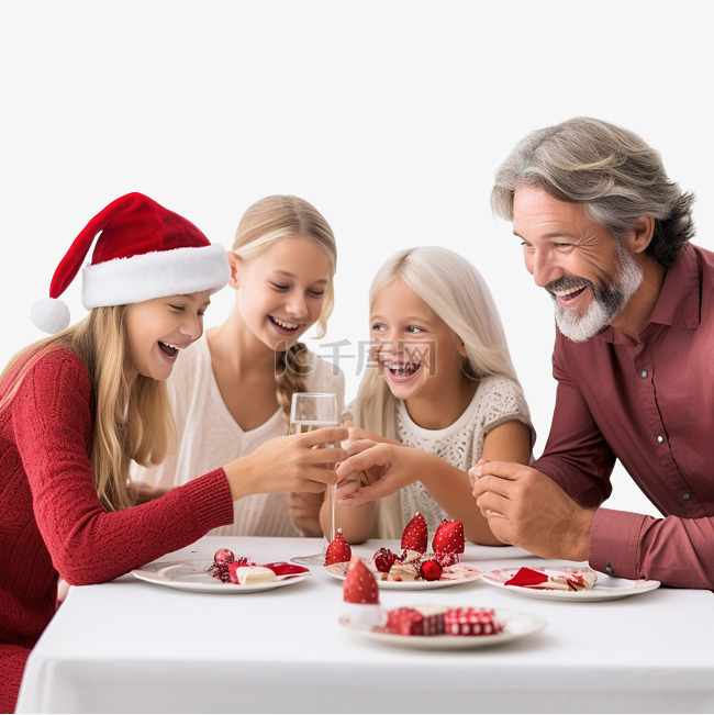 微笑的一家人在餐桌上拉圣诞拉炮