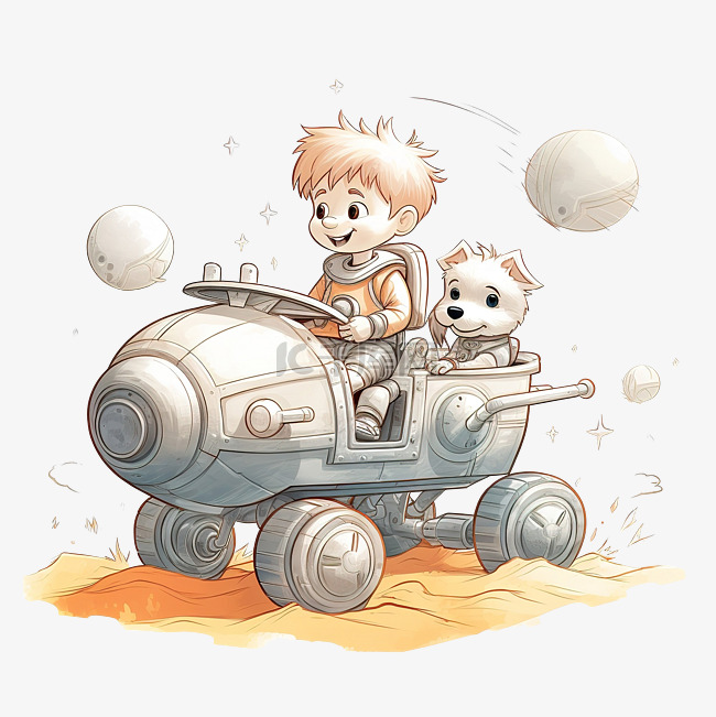 小男孩和他的小狗在探险中驾驶玩
