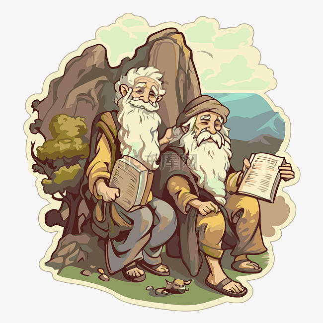 两个留着胡子和胡子在山里读书的