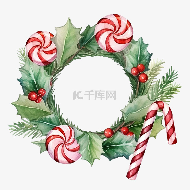圣诞冬青花环与棒棒糖水彩插图
