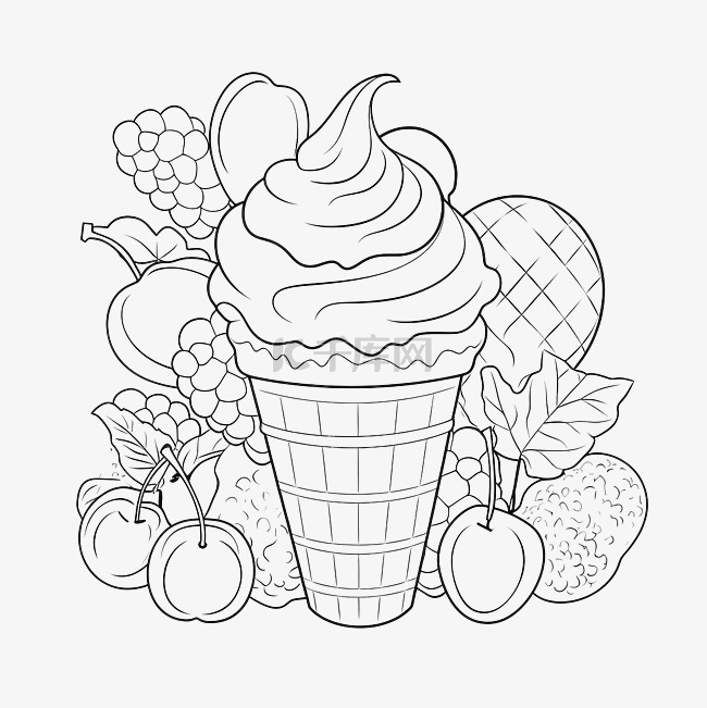 冰淇淋和水果着色页矢量轮廓抽象