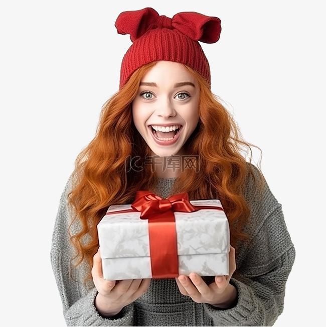 戴着圣诞帽带礼品盒的滑稽红发女
