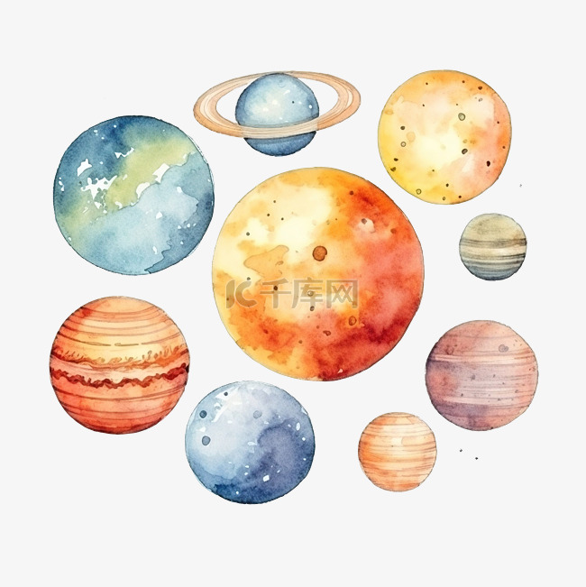 水银水彩水彩插图与太阳系行星