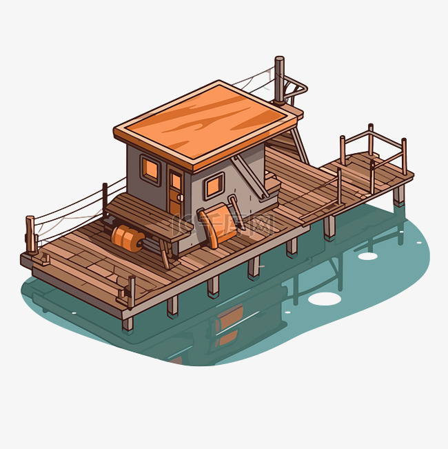 浮桥剪贴画船屋漂浮在湖上等距插