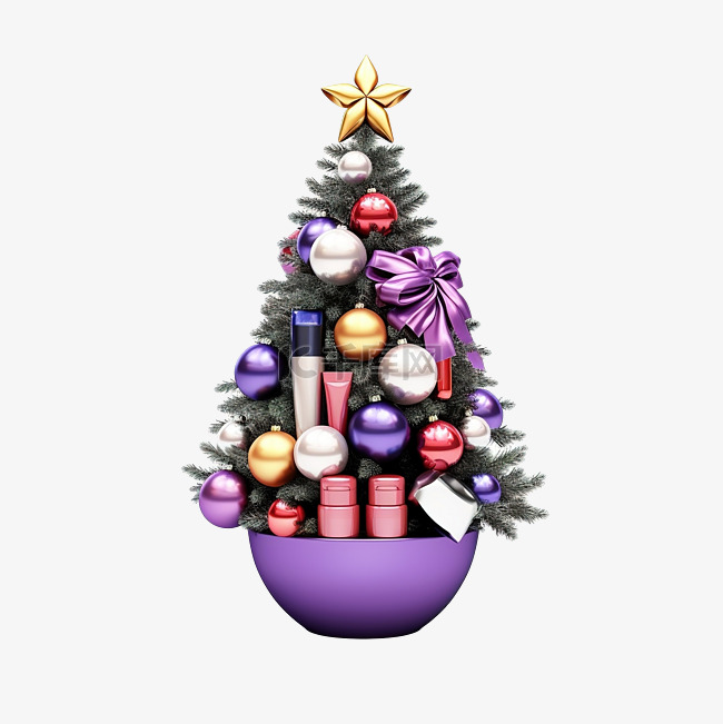 圣诞树丝带中间紫色彩球内的化妆