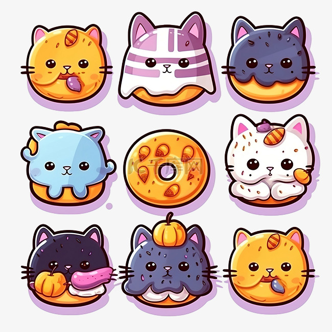 可爱的猫和甜甜圈万圣节快乐贴纸