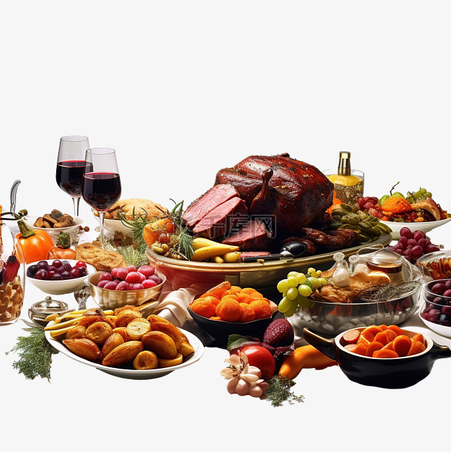 感恩节餐桌，配有烤肉蔬菜和水果