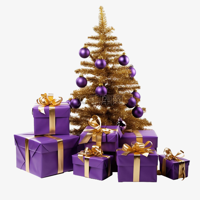 圣诞树下时尚包装的紫色和金色礼