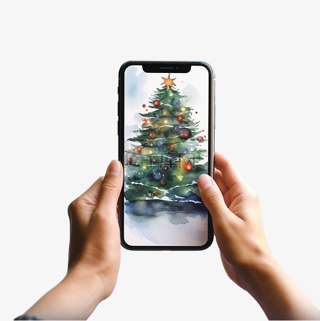 用智能手机拍摄圣诞树水彩画的照