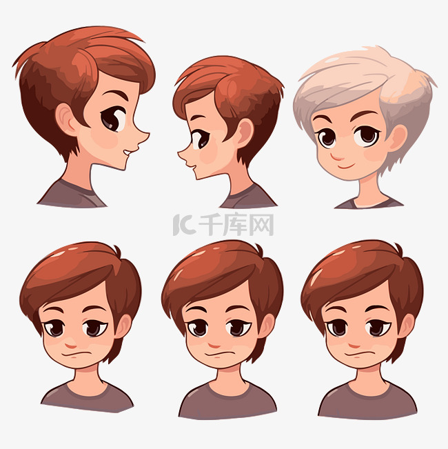 短发剪贴画男孩头像五个不同角度