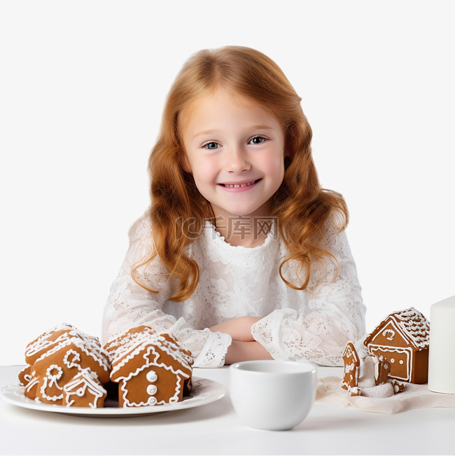 桌边快乐的红发小女孩拿着圣诞姜