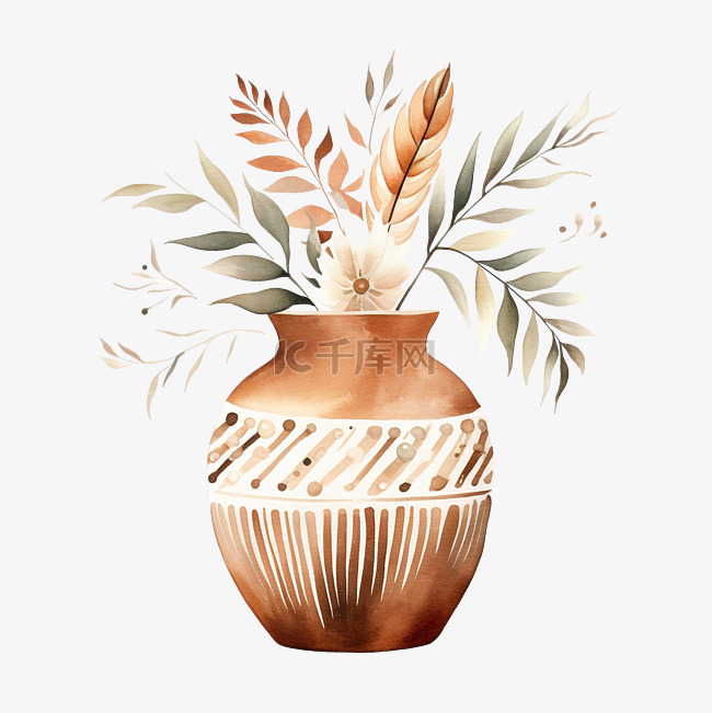 水彩棕色波西米亚风陶瓷花瓶剪贴